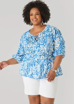 Beaded Leaf Print Peplum Blouse
