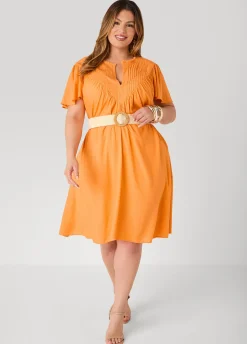 Belted Pintucked Linen Blend Dress