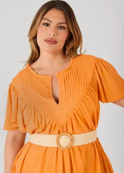 Belted Pintucked Linen Blend Dress