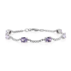 Birthstone Bracelet in Sterling Silver, Oval Cut 5*7mm, 7 Inches with an Extender, 12 Gemstone Options, Gift Box Included - April, White Zircon