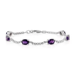 Birthstone Bracelet in Sterling Silver, Oval Cut 5*7mm, 7 Inches with an Extender, 12 Gemstone Options, Gift Box Included - April, White Zircon