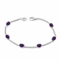 Birthstone Bracelet in Sterling Silver, Oval Cut 5*7mm, 7 Inches with an Extender, 12 Gemstone Options, Gift Box Included - April, White Zircon
