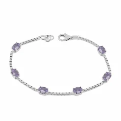 Birthstone Bracelet in Sterling Silver, Oval Cut 5*7mm, 7 Inches with an Extender, 12 Gemstone Options, Gift Box Included - April, White Zircon