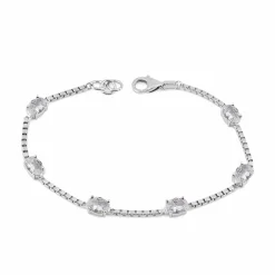 Birthstone Bracelet in Sterling Silver, Oval Cut 5*7mm, 7 Inches with an Extender, 12 Gemstone Options, Gift Box Included - April, White Zircon