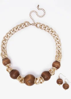 Chain Link Wood Bead Necklace Set