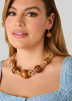 Chain Link Wood Bead Necklace Set
