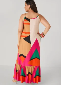 Chain Trimmed Geo Print Maxi Dress