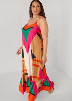 Chain Trimmed Geo Print Maxi Dress