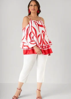 Cold Shoulder Printed Satin Blouse