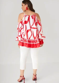 Cold Shoulder Printed Satin Blouse