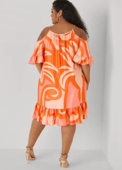 Cold Shoulder Tropical Print Dress