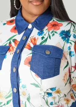 Denim Trimmed Floral Print Jacket