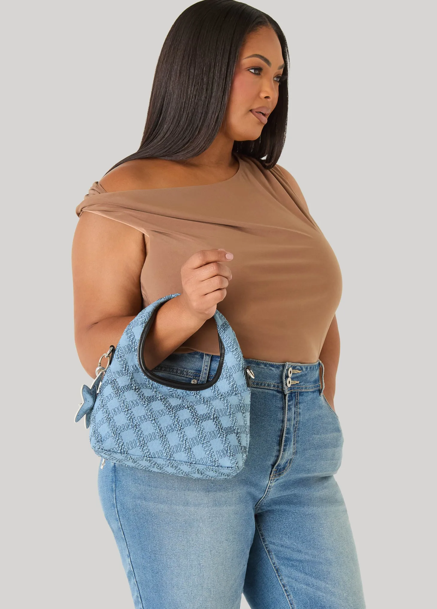 Embroidered Denim Shoulder Bag