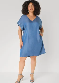 Faux Pearl Chambray Dress