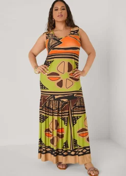 Flounced Abstract Print Maxi Dress