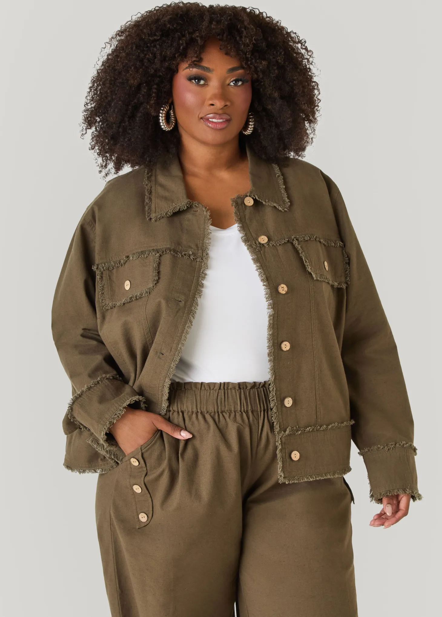 Frayed Linen Blend Trucker Jacket
