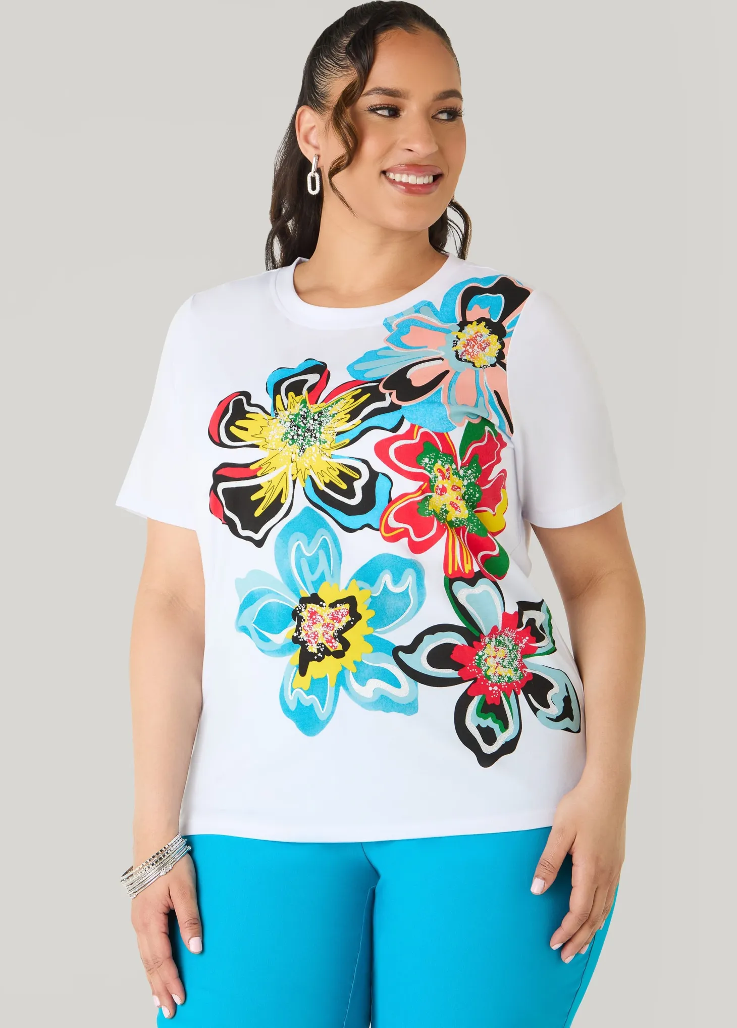 Glittered Floral Print Graphic Tee