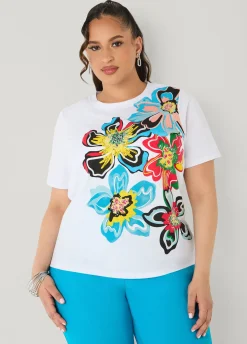 Glittered Floral Print Graphic Tee