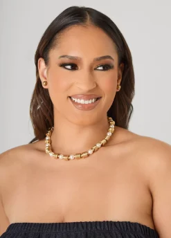 Gold Stone And Faux Pearl Necklace