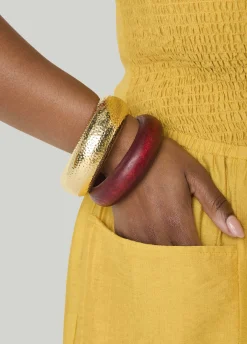 Hammered Gold And Wood Bangle Set