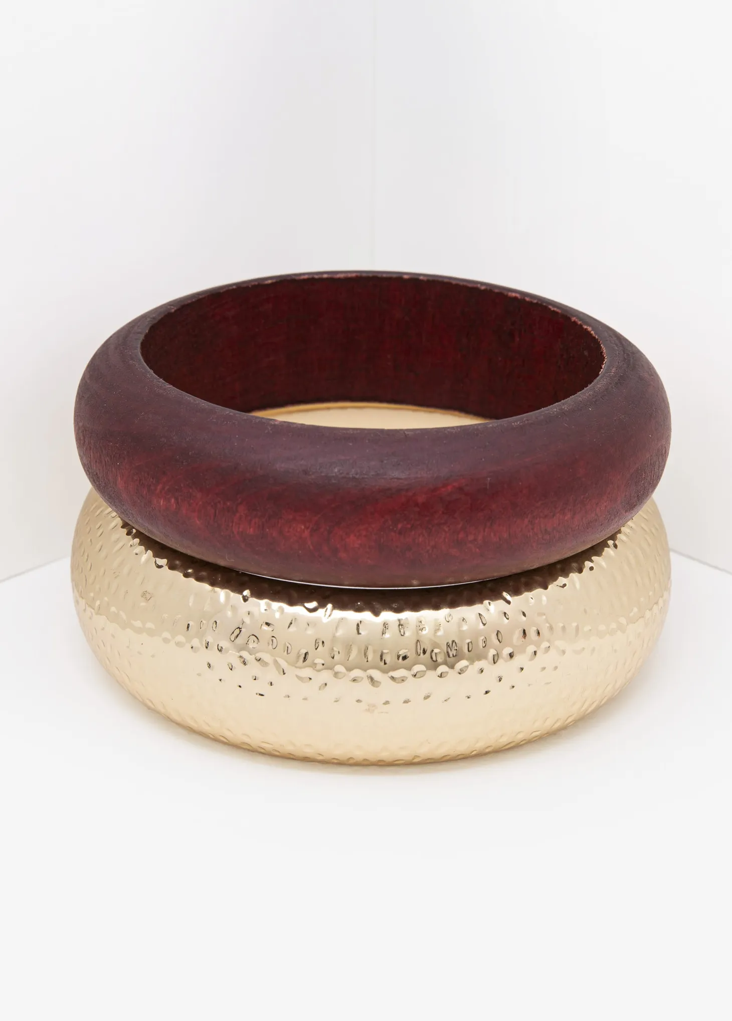 Hammered Gold And Wood Bangle Set