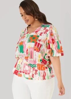 Island Print Bubble Sleeve Top