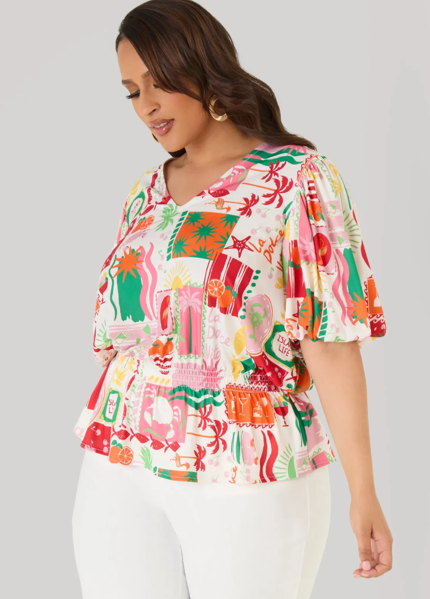 Island Print Bubble Sleeve Top