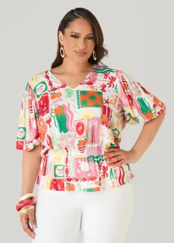 Island Print Bubble Sleeve Top
