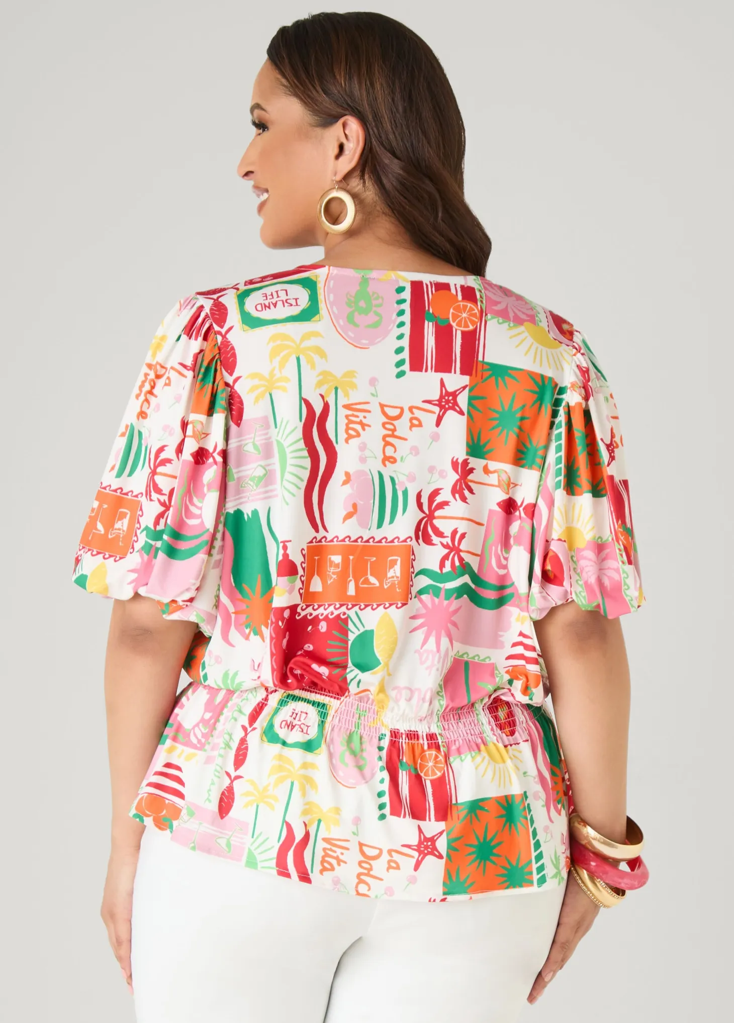 Island Print Bubble Sleeve Top