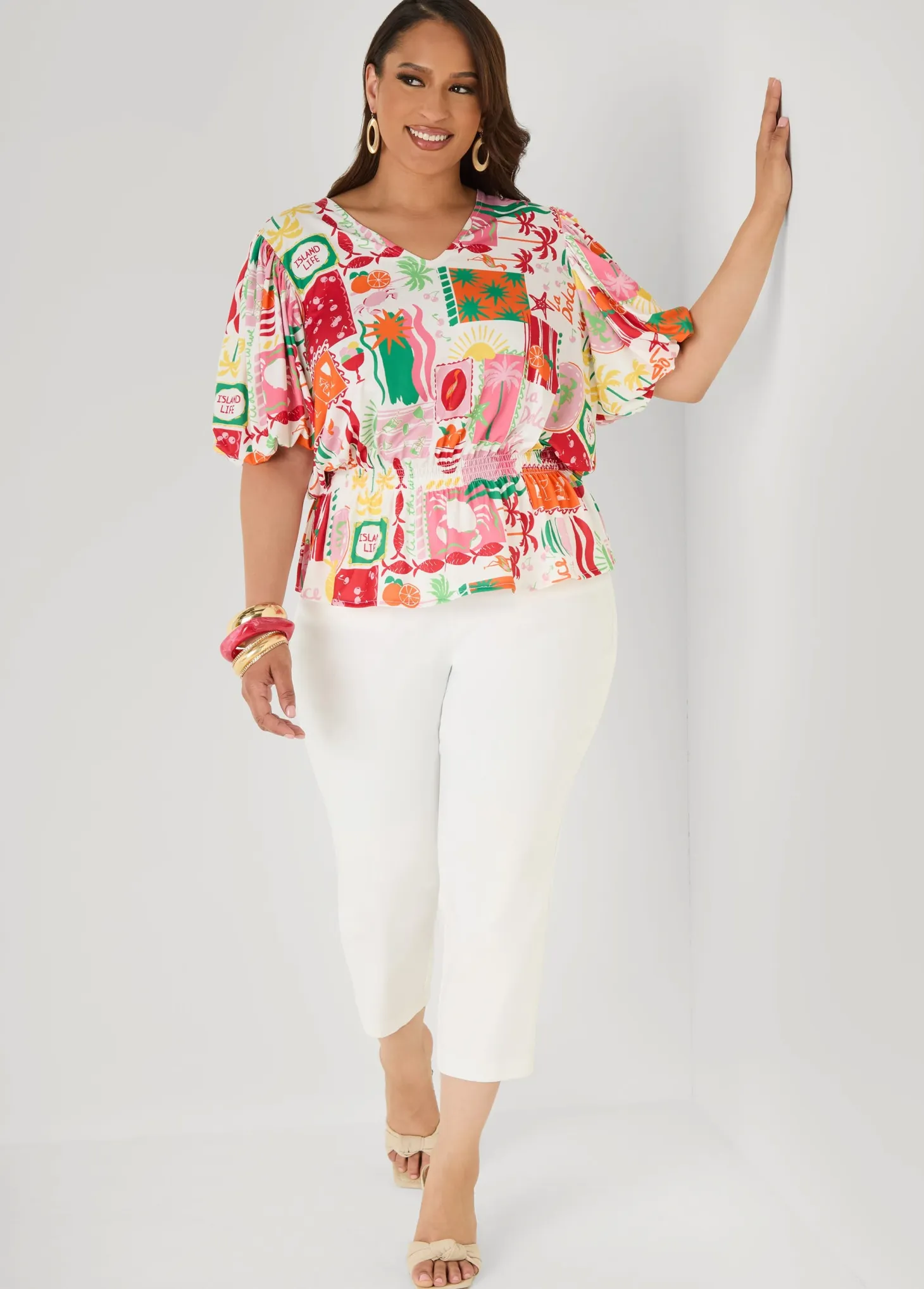 Island Print Bubble Sleeve Top