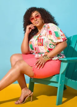 Island Print Bubble Sleeve Top