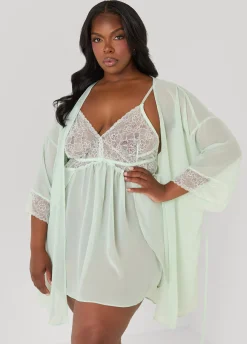 Lace Paneled Babydoll And Robe Set