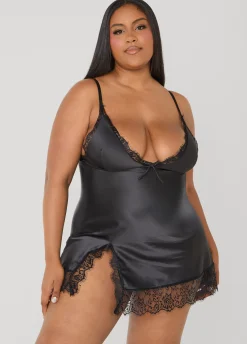 Lace Trimmed Satin Chemise Set