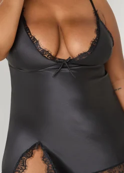 Lace Trimmed Satin Chemise Set