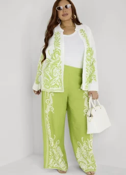 Leaf Print Linen Blend Pants