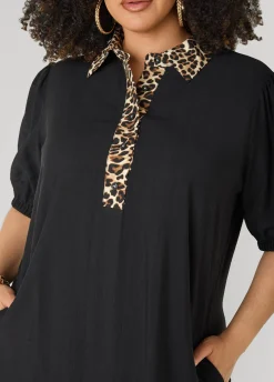 Leopard Trimmed Flounced Dress