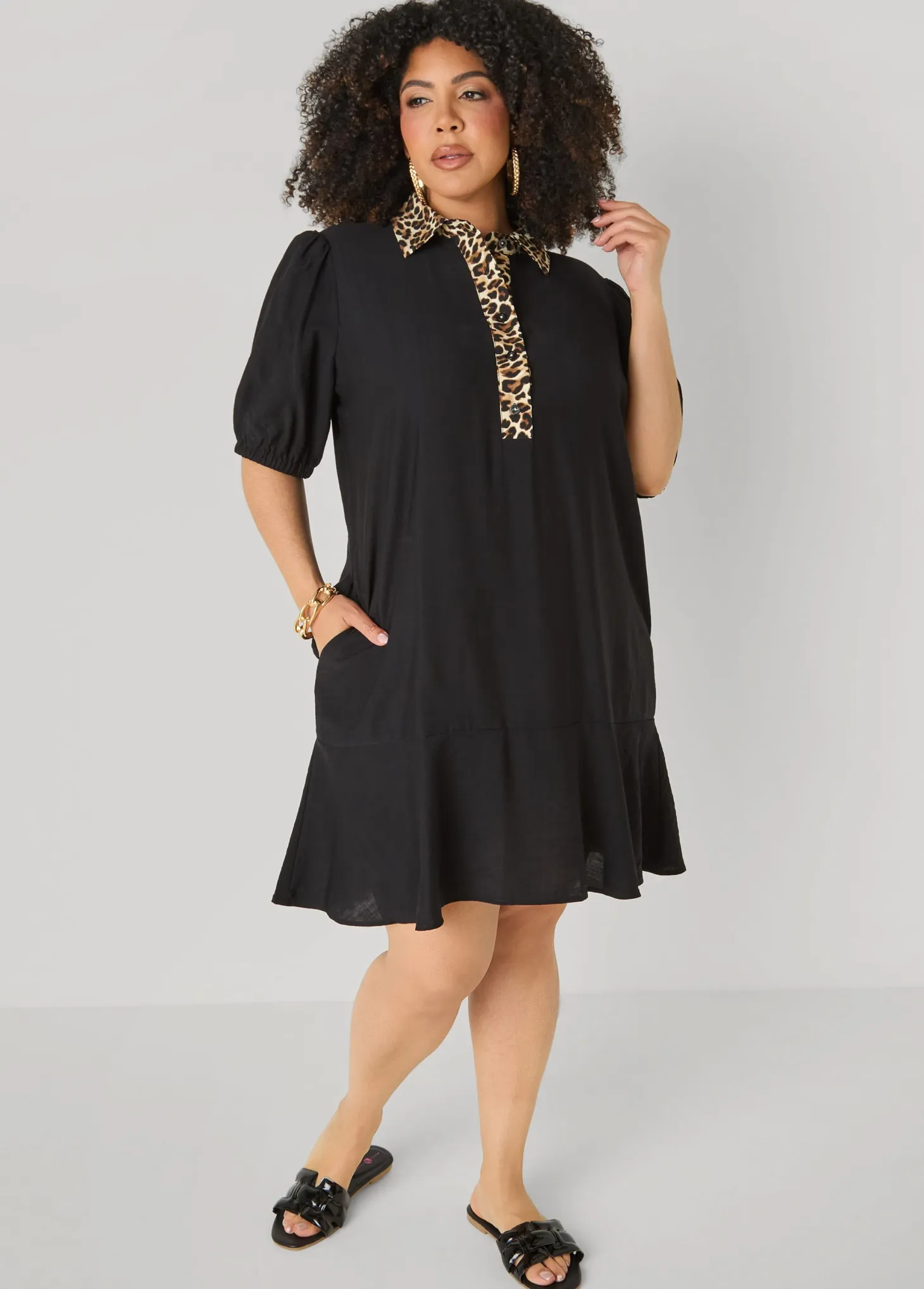 Leopard Trimmed Flounced Dress