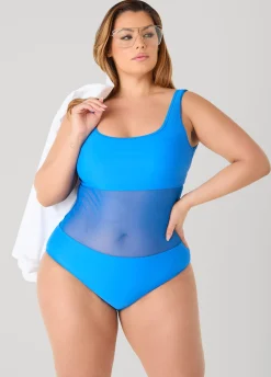 Mesh Paneled V Back Swimsuit