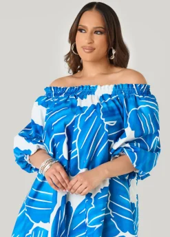 Off The Shoulder Leaf Print Dress