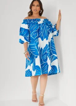 Off The Shoulder Leaf Print Dress
