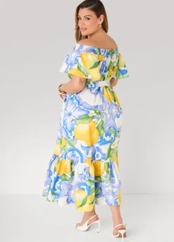 Off The Shoulder Lemon Print Dress