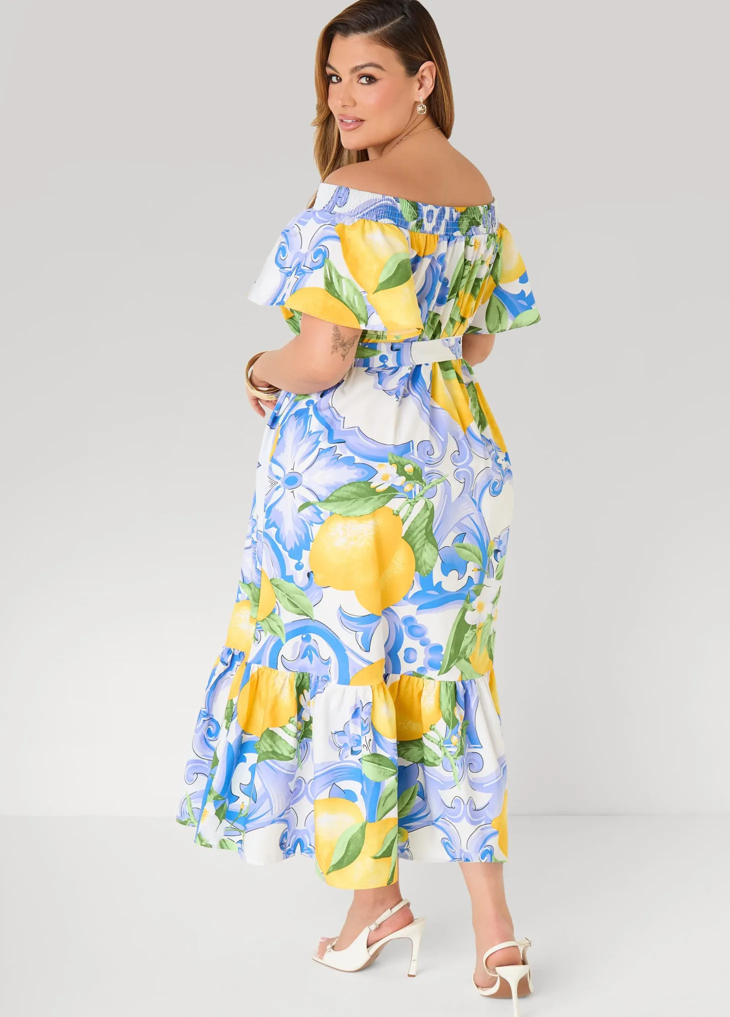 Off The Shoulder Lemon Print Dress
