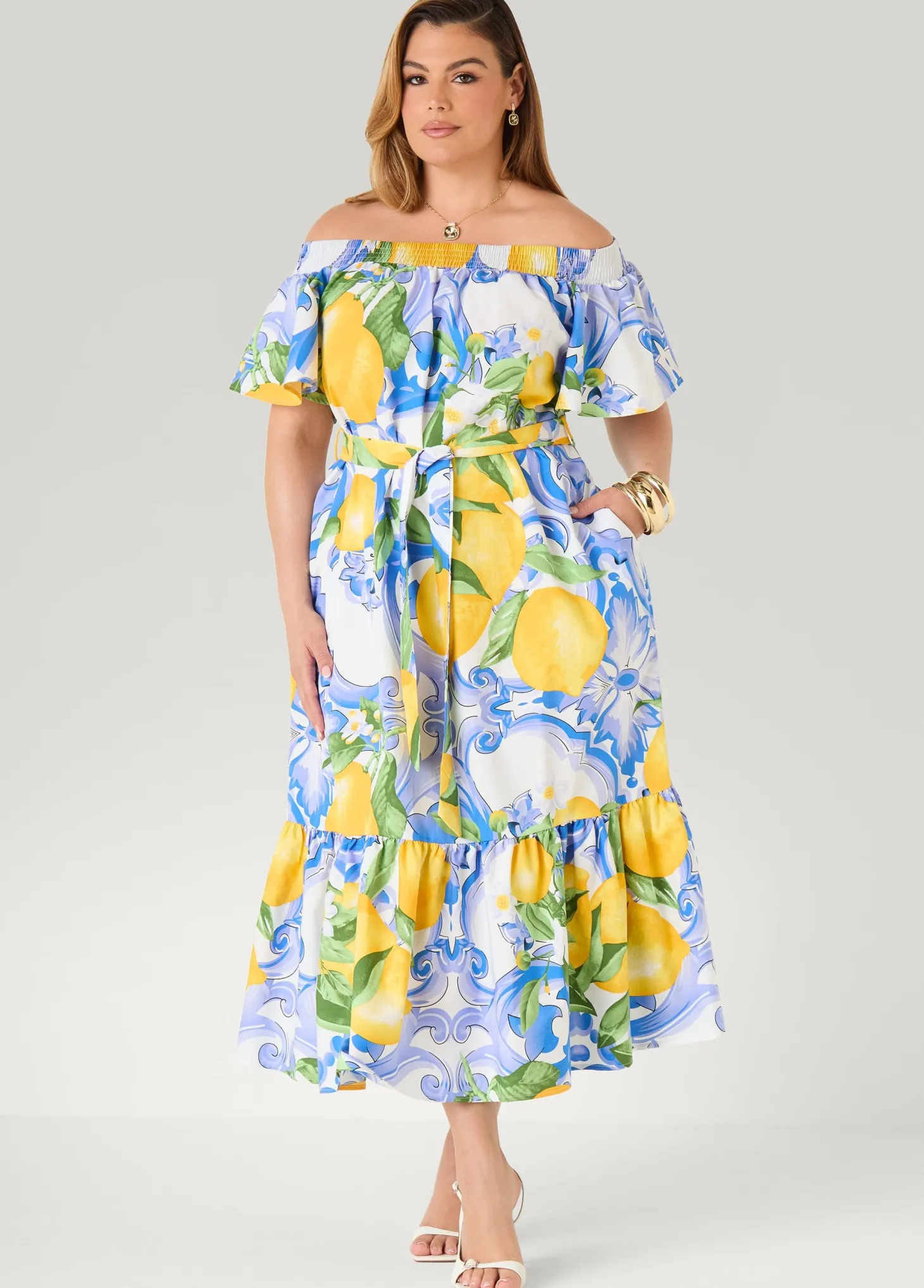 Off The Shoulder Lemon Print Dress