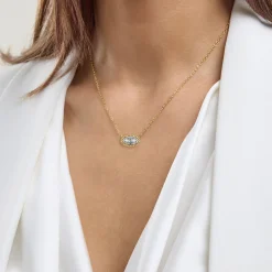 Oval Gemstone Necklace in 14K Gold Plated Sterling Silver, Oval Pendant Size 6 * 12mm, 15" Cable Chain with 2" Extender, Gift Box Included - Apr, White Zircon