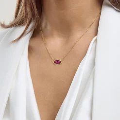 Oval Gemstone Necklace in 14K Gold Plated Sterling Silver, Oval Pendant Size 6 * 12mm, 15