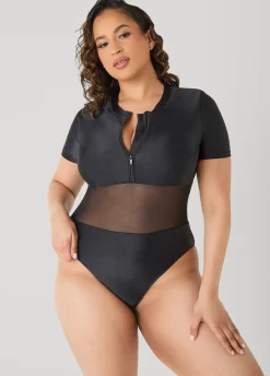 Paneled Zip Front Swimsuit