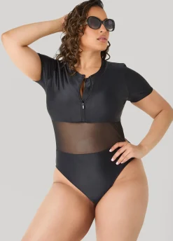 Paneled Zip Front Swimsuit