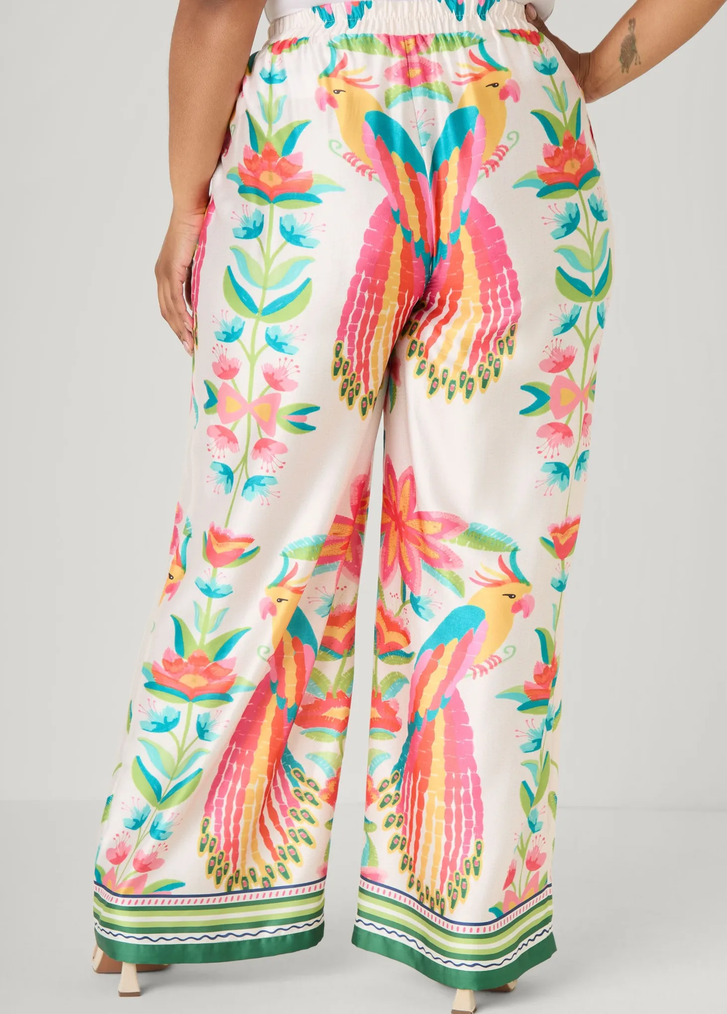 Parrot Print Satin Wide Leg Pants