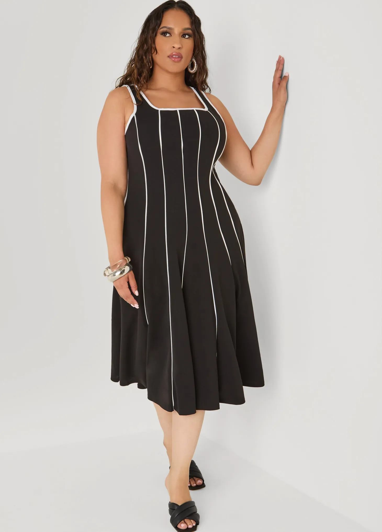 Piped A Line Midi Dress