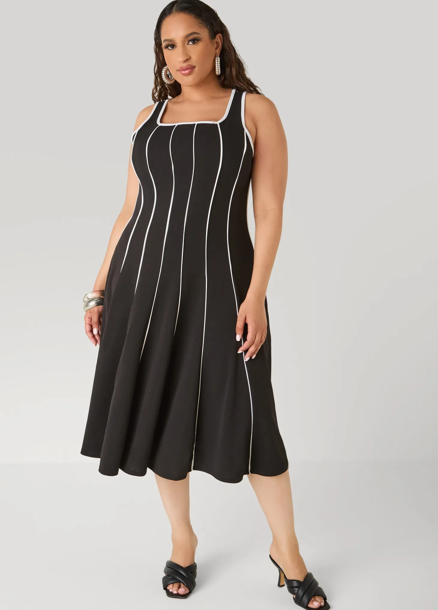 Piped A Line Midi Dress